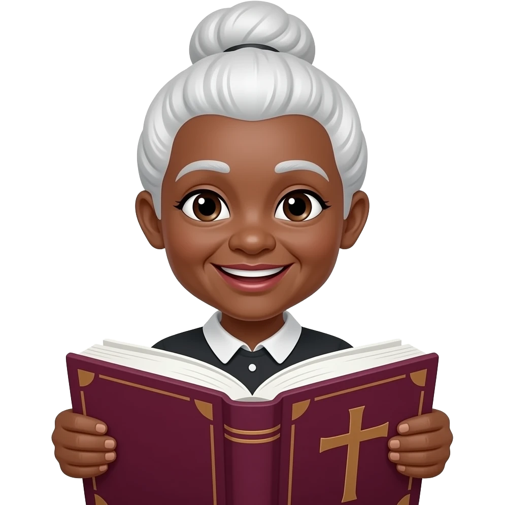 wise old woman with white hair in a bun black skin smile with burgundy book that has a cross on it emoji