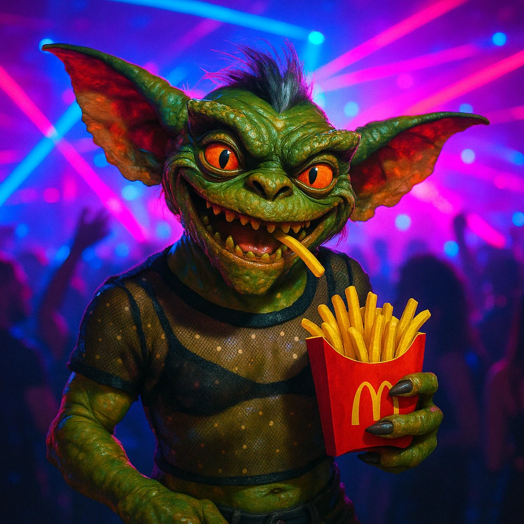 A mischievous gremlin at a techno party, wearing a see-through top, eating McDonald's fries, vibrant club lighting, energetic atmosphere emoji