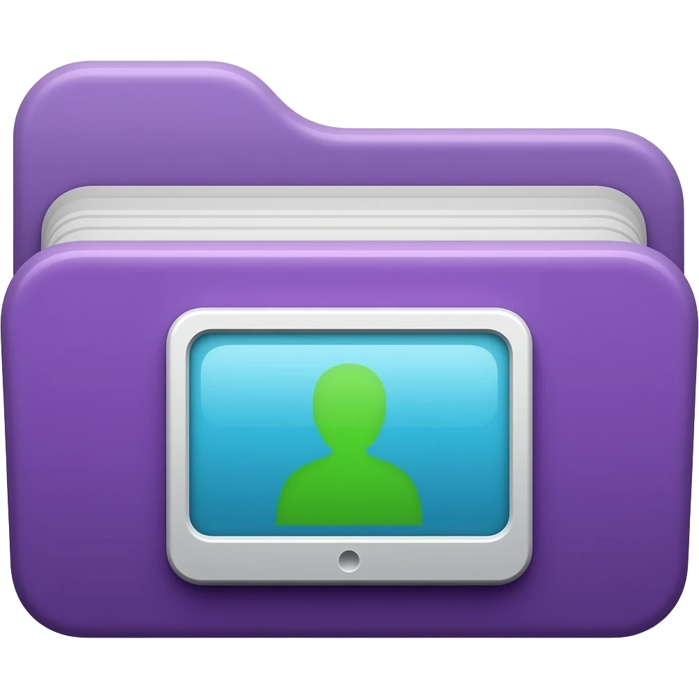 Green Screen: Purple folder with a green screen/silhouette icon. emoji