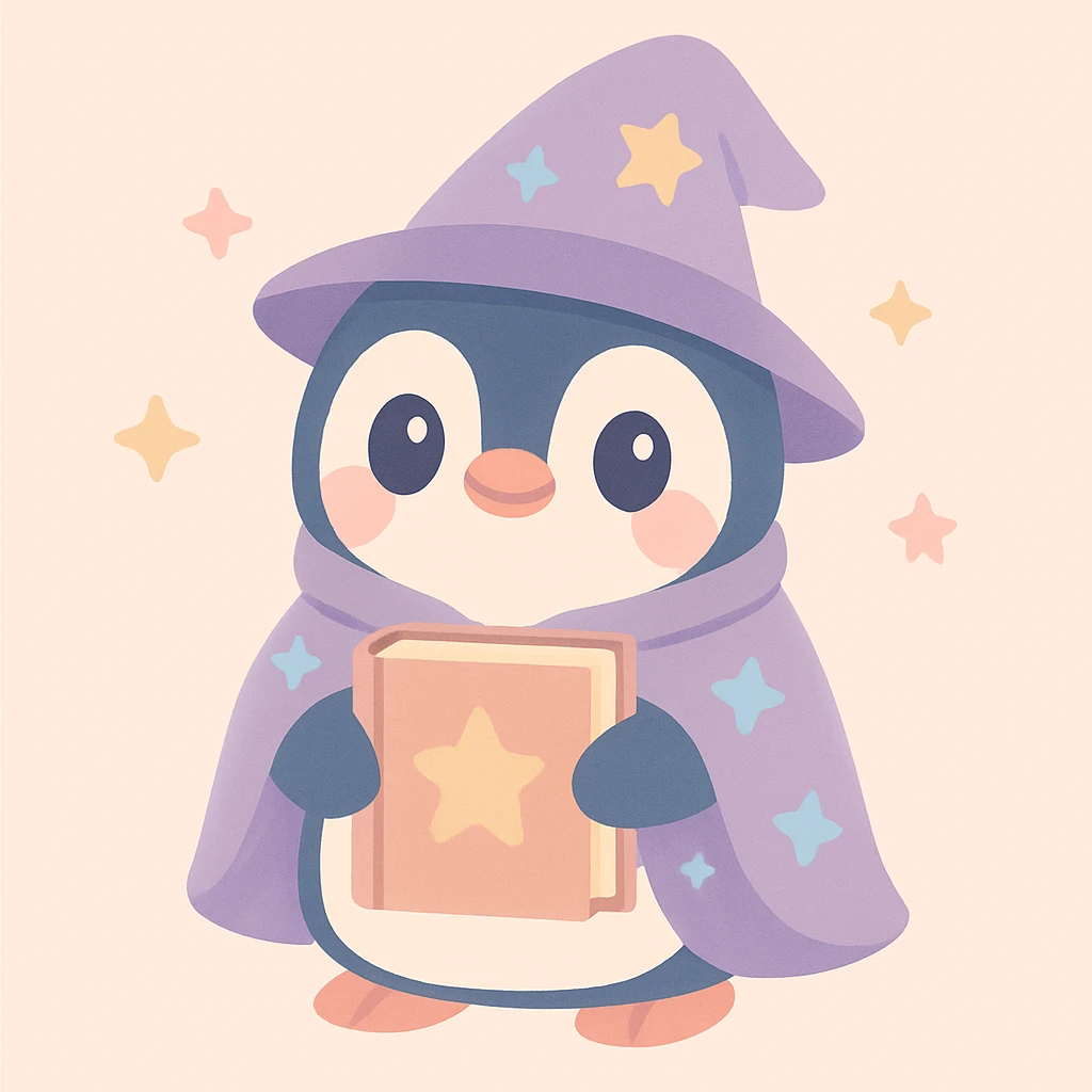 penguin wizard, holding an ancient book, starry cloak, mystical atmosphere, cute whimsical style emoji