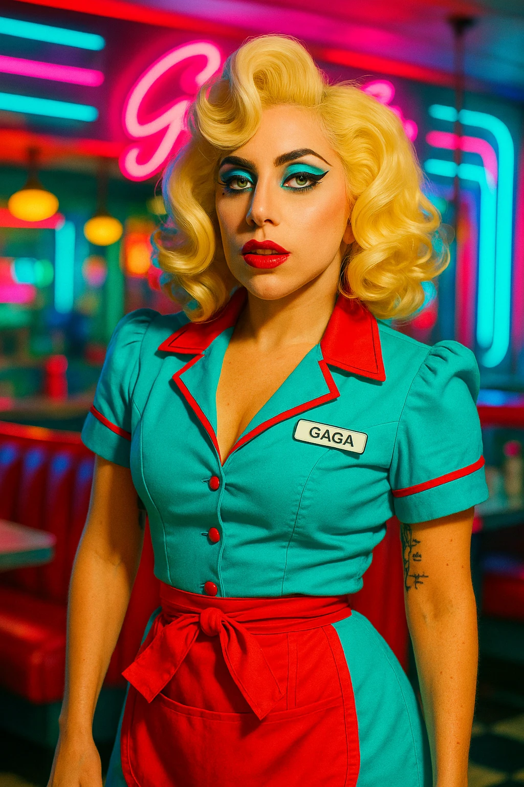 Lady Gaga in the Telephone video, retro diner waitress uniform, platinum blonde hair, glamorous pop style emoji