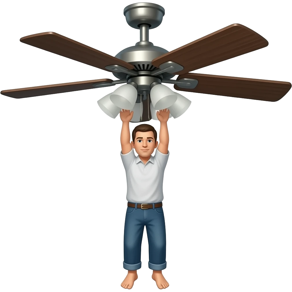 A man hanging to  ceiling fan with roaf doing suicide emoji