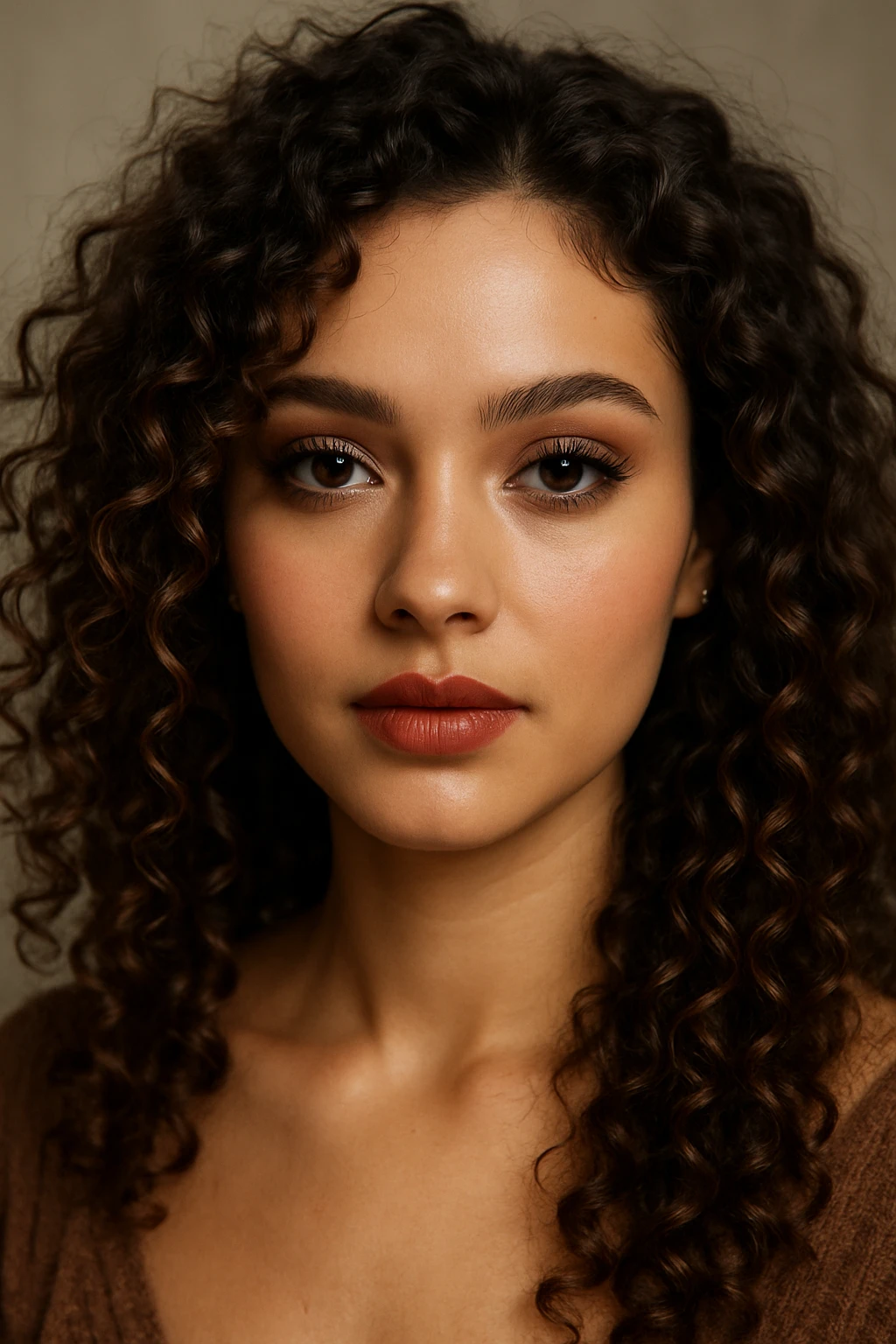 a pretty girl with curly brown hair, brown eyes, and makeup, detailed, beautiful face emoji