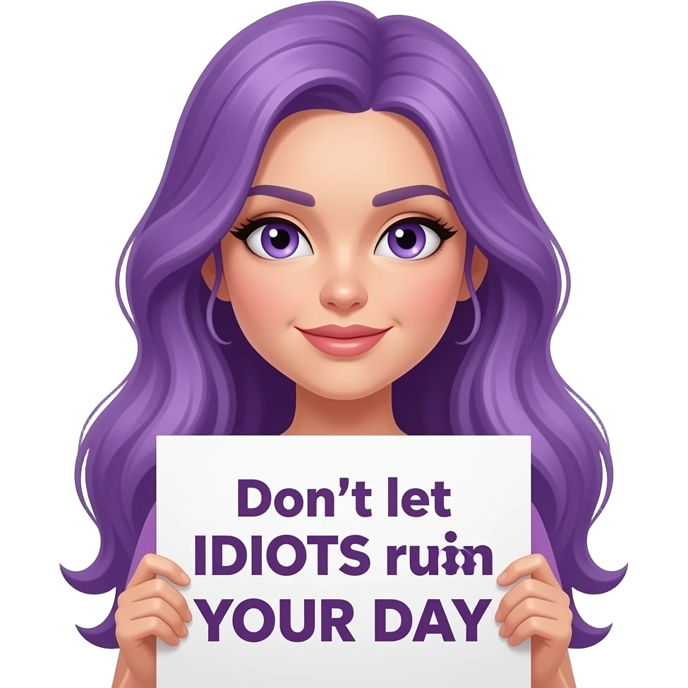 sexy girl with long purple hair and purple eyes holding Don't let IDIOTS ruin YOUR DAY sign emoji