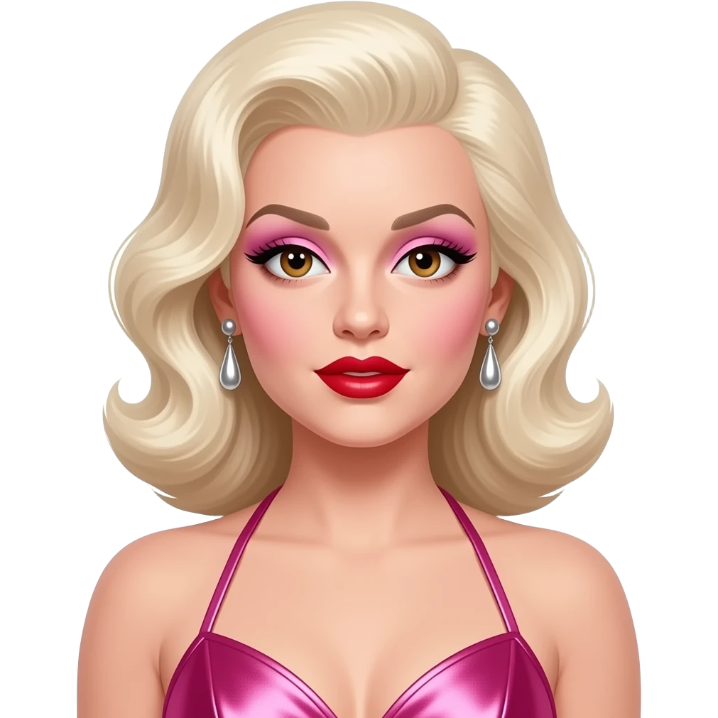 Jayne Mansfield with brown eyes, long platinum blonde hair, pink eyeshadow, red lipstick, hot pink metallic halter dress, silver earrings emoji