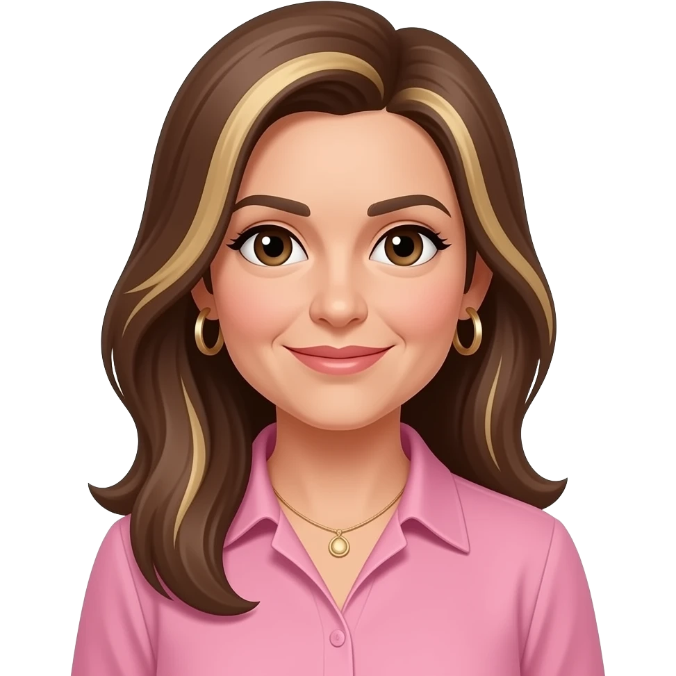 woman in 40s, italian looking with dark brown eyes, long straight brown hair to past the shoulders, with blonde highlights and side parting, all one length. Wearing  a pink collared blouse with hoop earrings and a necklace. emoji