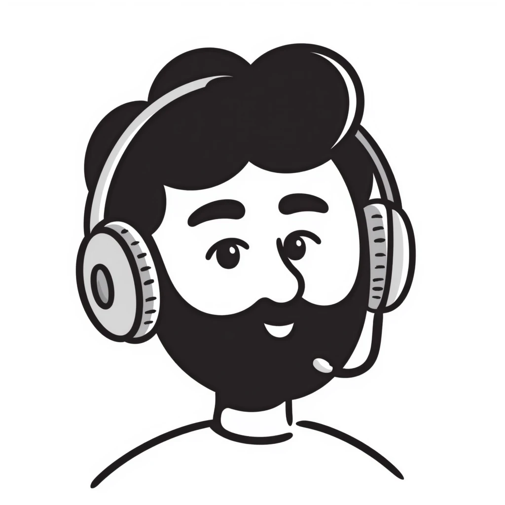 A person with black hair, brown eyes, black beard wearing gaming headphones, saying "Bonjour!" emoji