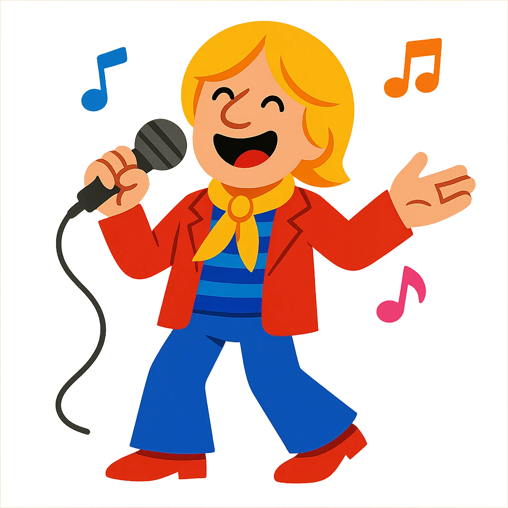 cheerful cartoon character inspired by French singer Dave, holding microphone and singing, musical notes around, vibrant playful style emoji