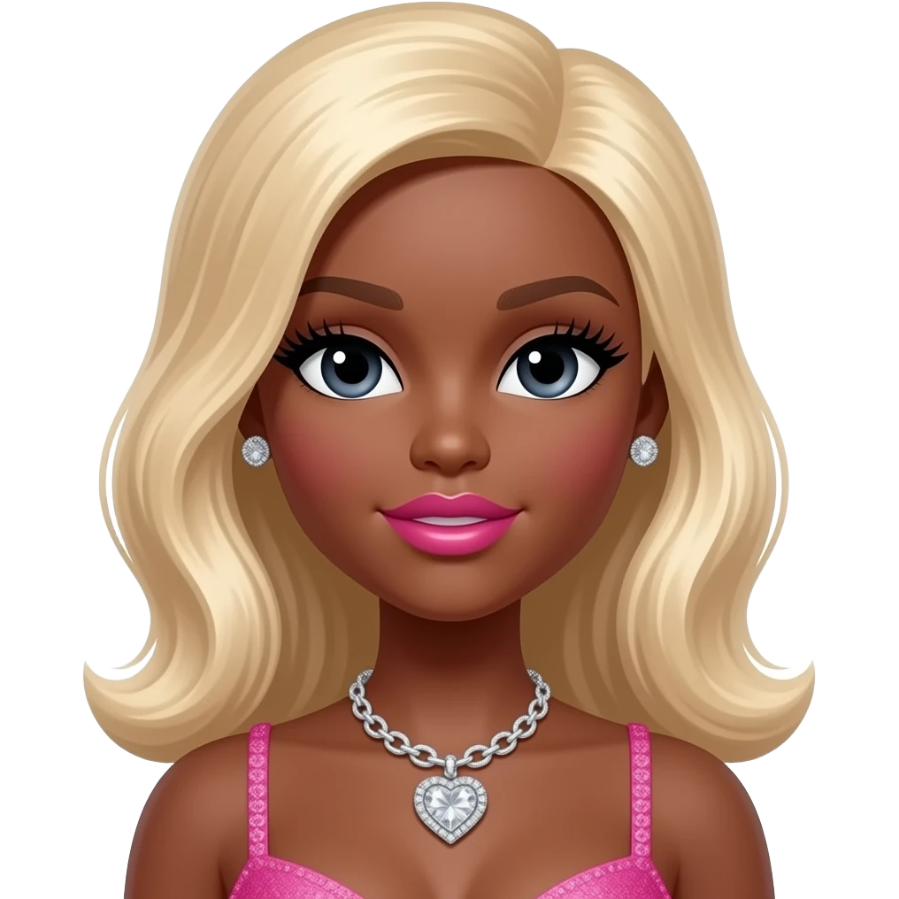 Black girl, Pink big lips, black doll eyes, dark brown skin, Long giant lashes,Doll faced shaped, silver Swarovski heart necklace, big diamond earrings studs, bimbo, black doll eyes, barbie, darker brown skin with blonde hair, big breast, no bra emoji