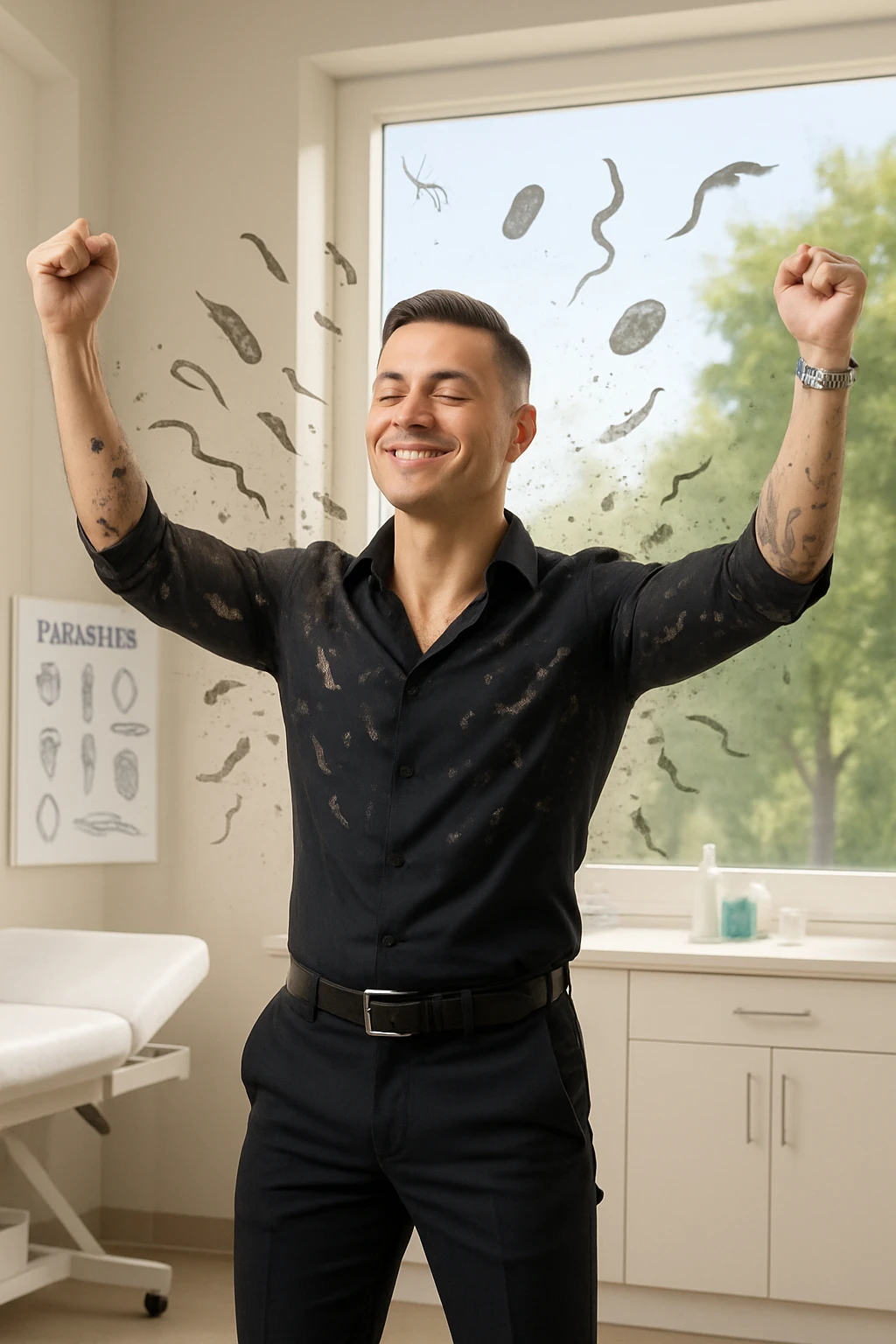 a man stands in uno studio clinico, arms raised in relief and joy, while faint, shadowy silhouettes of parasites fall away from his body and dissolve into the air. His posture is upright and energetic, his expression serene and healthy. The background features green trees and a clear sky, emphasizing liberation and restored well-being. emoji