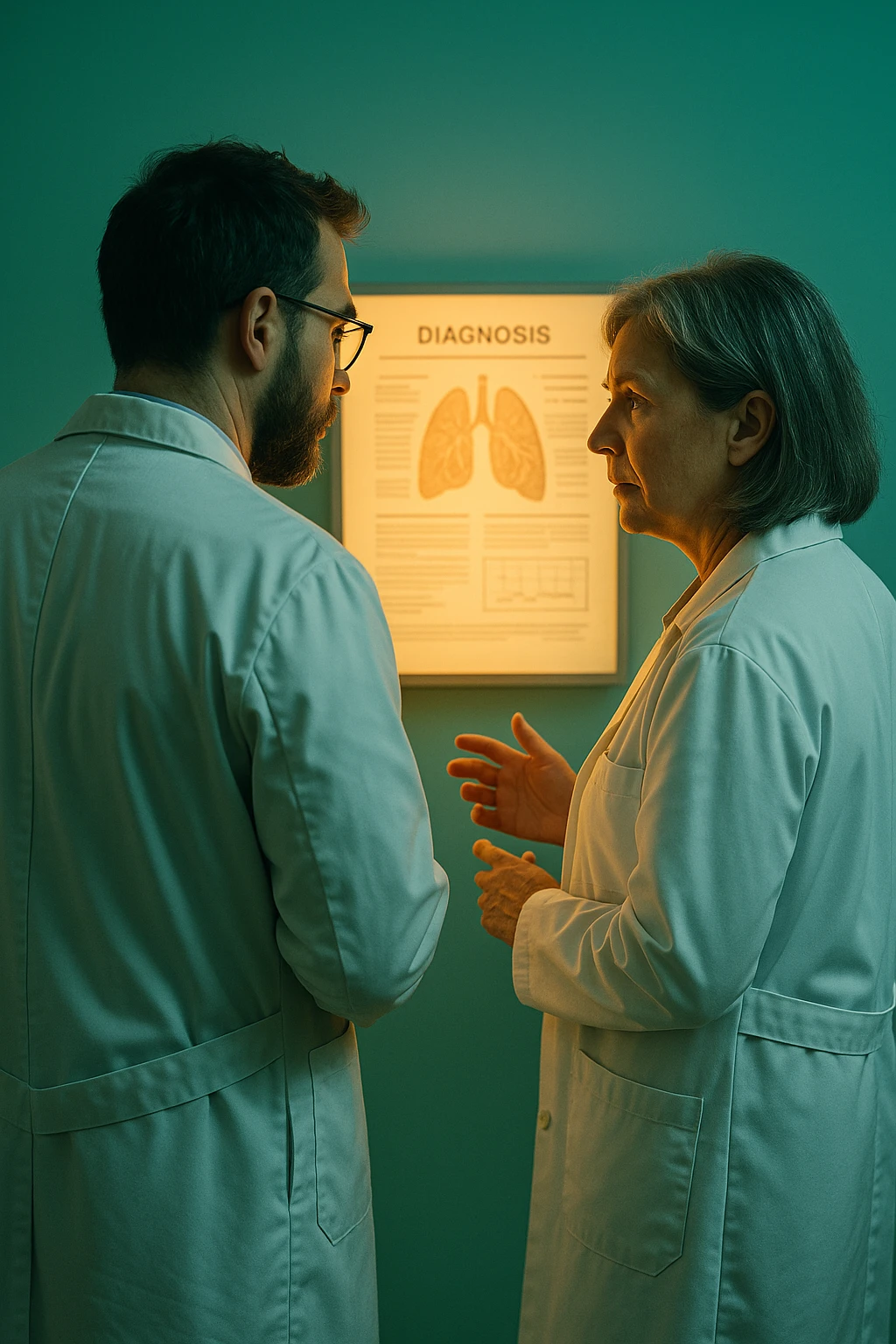 Realistic, detailed photo taken from behind of two doctors—a bearded man and a middle-aged woman—standing and facing each other as they discuss a diagnosis in front of a medical chart. The scene is illuminated by a yellowish, orange, warm light that softly envelops the doctors. The entire room is bathed in a single green-blue color, creating a cohesive and modern atmosphere. Both doctors wear white coats, and their body language suggests a serious, professional conversation. Shot with a Canon EOS R5, with high detail and natural depth of field. emoji