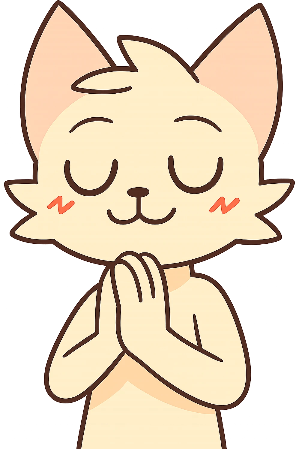 Edit the character in the reference image to be praying with eyes closed and smiling, using 2D flat colors style, and remove the background to be transparent or no background. emoji