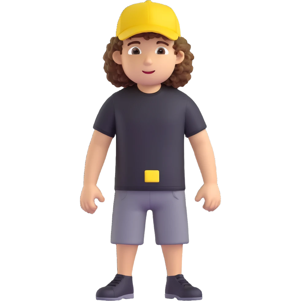 create a character, cute guy, curly, in a black t-shirt and a yellow cap, in 3d emoji