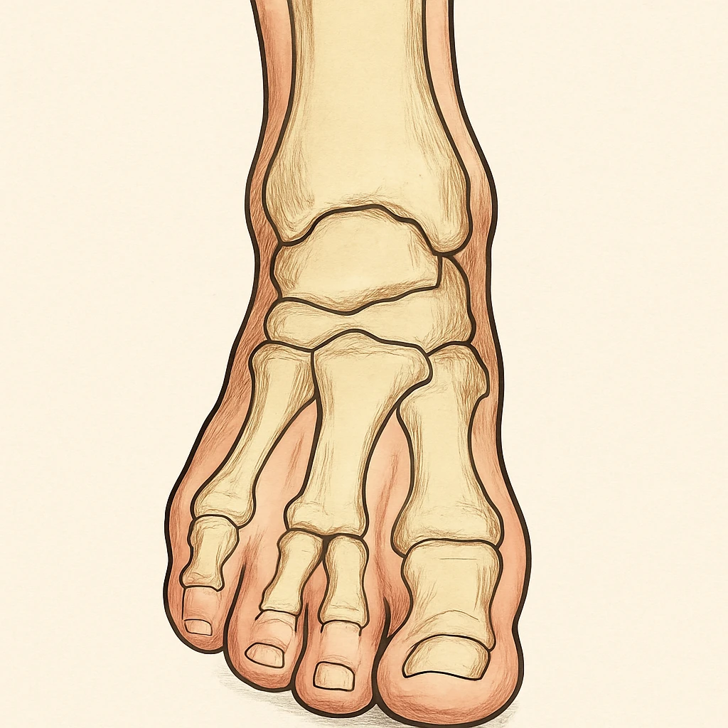 Anatomical illustration of a pronated foot, detailed bones and soft tissue, medical style, neutral background, front view, inspired by the reference image. emoji