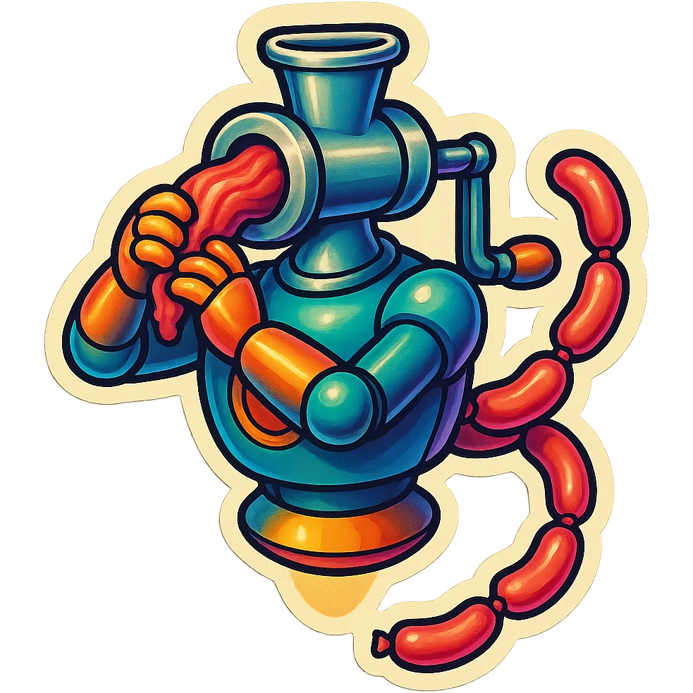 a robot that has a large meat grinder for a head. 2 arms that stuff meat into its meat hole. meat is processed and sausage links come out of the rear. The robot doesnt have legs it hovers.style is not lifelike. sticker or emoji style. robot feeds itself meat emoji