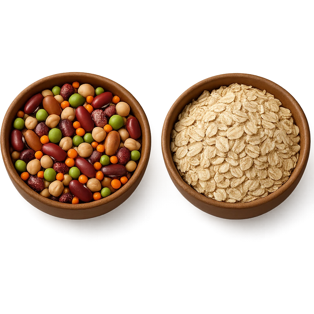 BOWL DI LEGUMI INSIEME A BOWL DI FIOCCHI DI AVENA POGGIATE,  iperrealistico 4k emoji