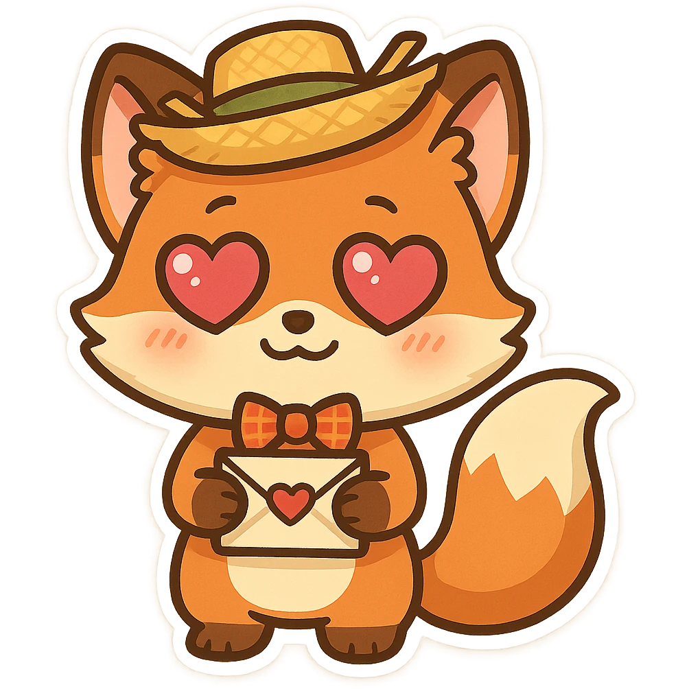 cute cartoon-style fox mascot wearing a festive festa junina outfit, holding a love letter in her paws, big sparkling heart eyes, shy happy expression, orange with white belly and fluffy tail, cheerful character, emoji-like proportions, minimal or transparent background emoji