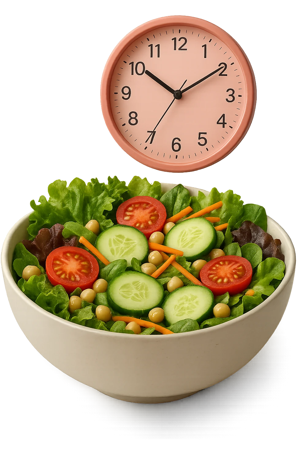 bowl con insalatona e orologio da muro rosa che le fluttua dietro che simboleggia una cena fatta in ritardo iperrealistici emoji