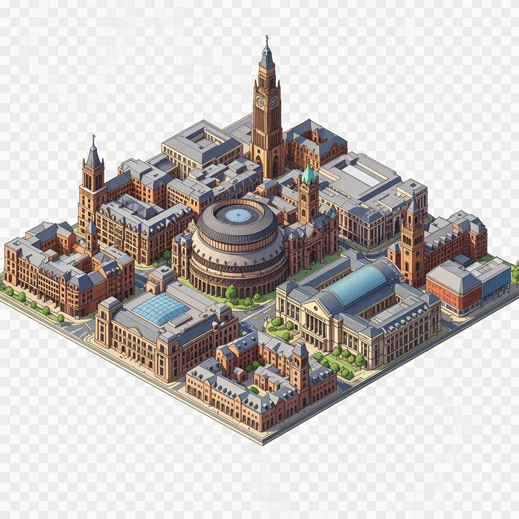 Isometric illustration-model of panorama view Birmingham with photorealistic main buildings, balanced between stylized and realistic, 3D miniature effect, transparent background. emoji