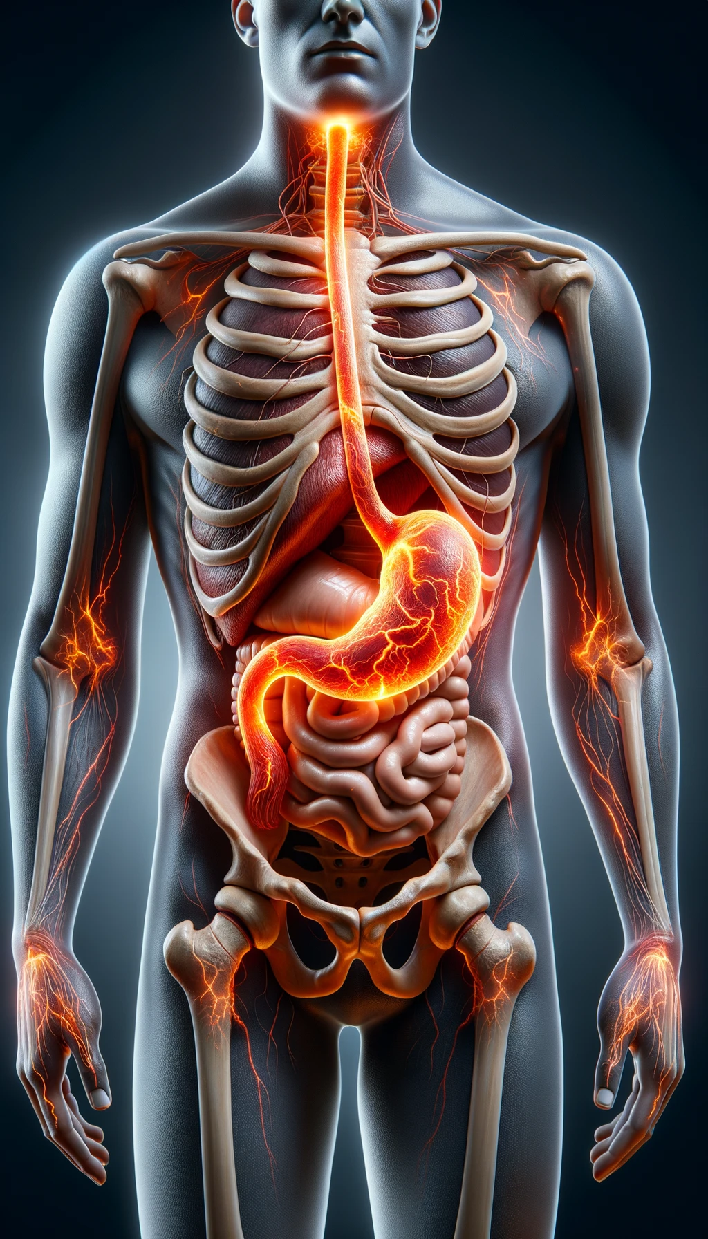 corpo umano anatomico con reflusso e stomaco infiammato, stomaco in evidenza, iperrealistico 4k emoji