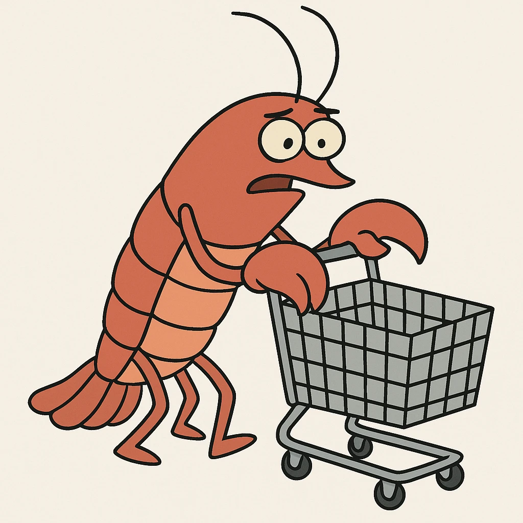 lobster pushing a shopping cart, white background emoji
