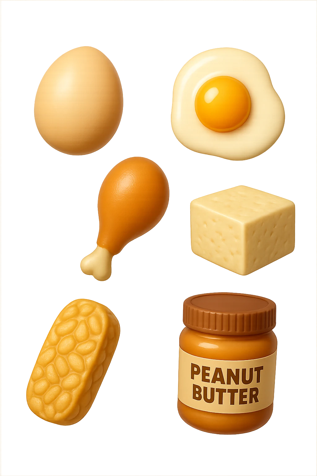 EMOJI STILE IPHONE DI
 uova, pollo, tofu, tempeh, burro di arachidi
, fluttuano in aria REALISTICA 4K emoji