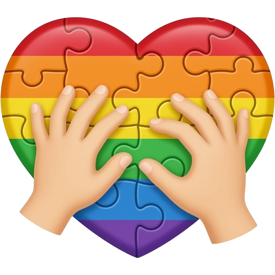 heart rainbow puzzle with one adult hand and one children hand making the puzzle emoji