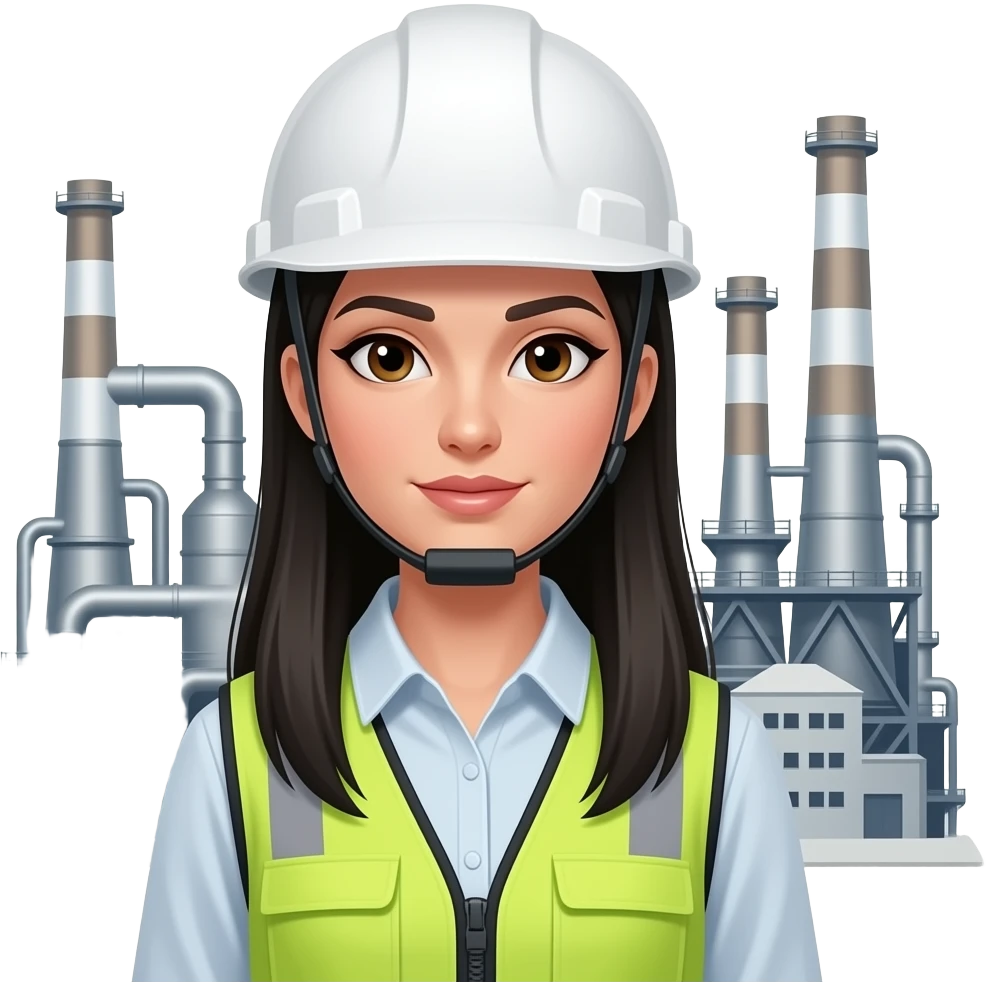 Mujer vestida de chaleco, de fondo haz una empresa industrial cabello totalmente negro largoooo y totalmente  liso, casco blanco emoji