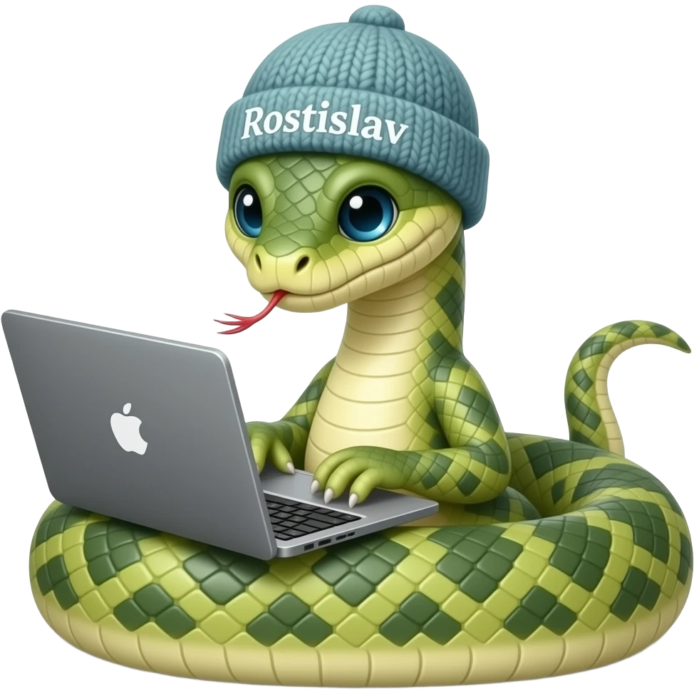 A snake in a cap with the inscription "Rostislav" plays on the computer. emoji