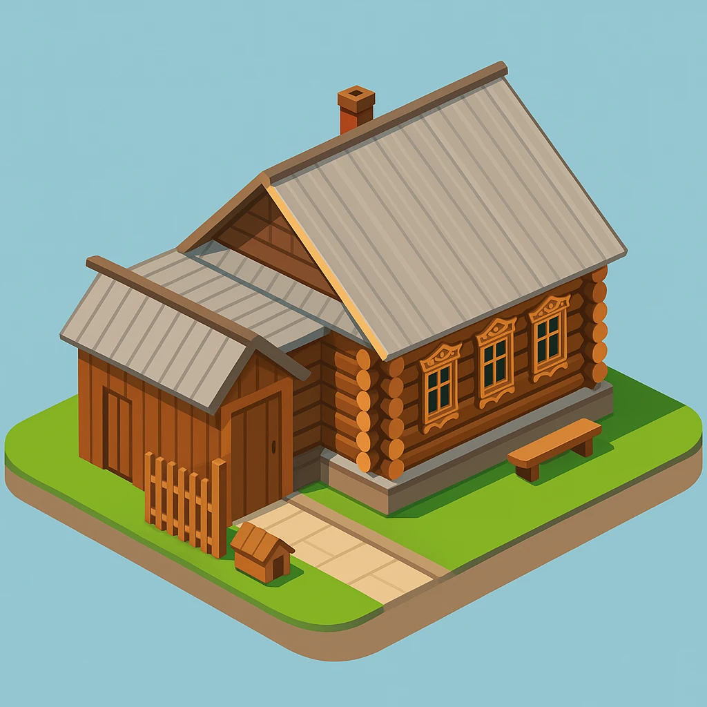isometric illustration of the building. 3D isometric infographic design. Clean lines, bright and saturated colors, minimal unnecessary details. View from above at an angle (isometric), showing the roof, facade, and part of the surrounding area. Soft shadows, daylight lighting, no harsh contrasts. Background should be solid (blue, gray, or light tone). Add a small area around the building (roads, tiles, grass) so the building looks complete. Accurately represent the architectural features of the building (roof shape, facade, colors). Final style should be neat and polished, similar to posters or educational infographics. emoji