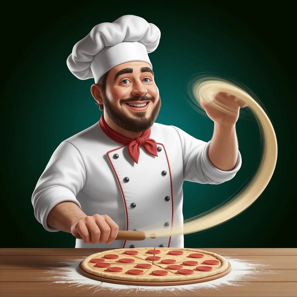 digital 2d art of smiling Italian chef spinning pizza dough emoji