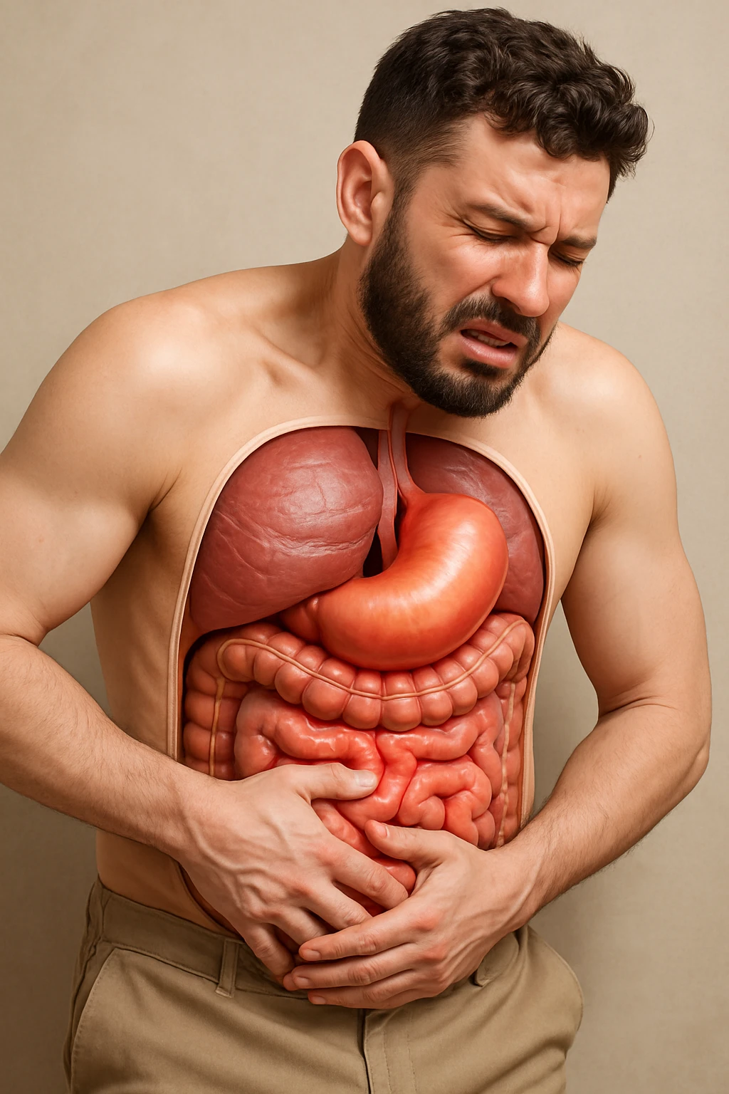 Uomo con dolore per via del suo gonfiore addominale vista anatomica immagine realistica in 3D emoji