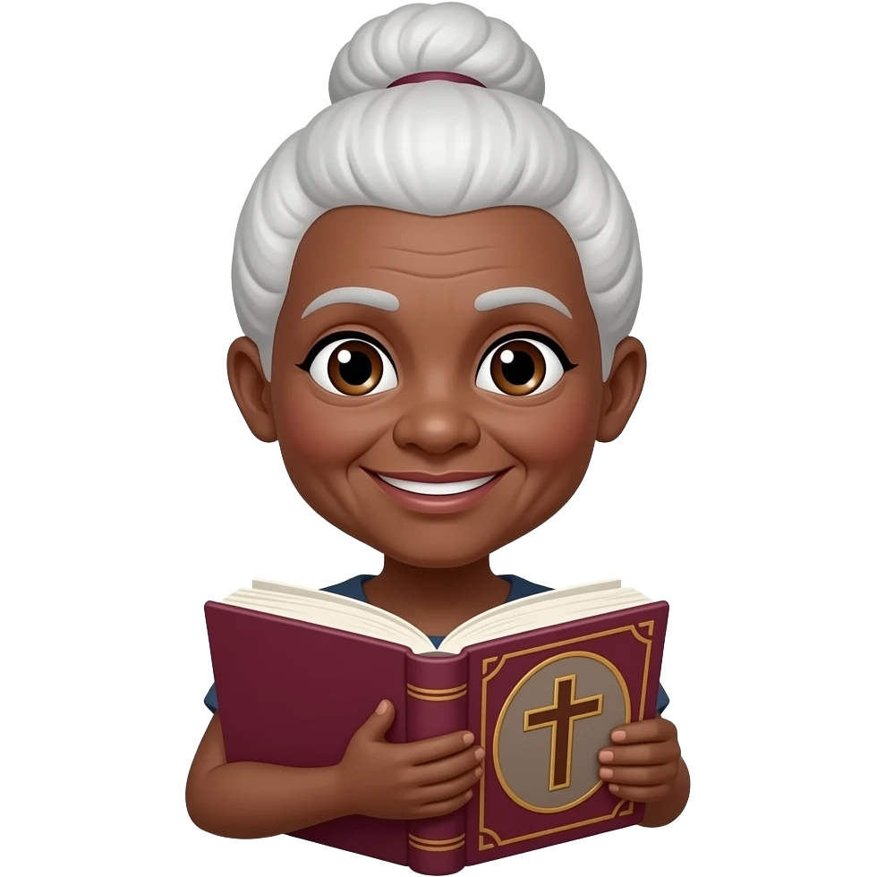 wise old woman with white hair in a bun black skin slight smile with burgundy book that has a cross on it emoji
