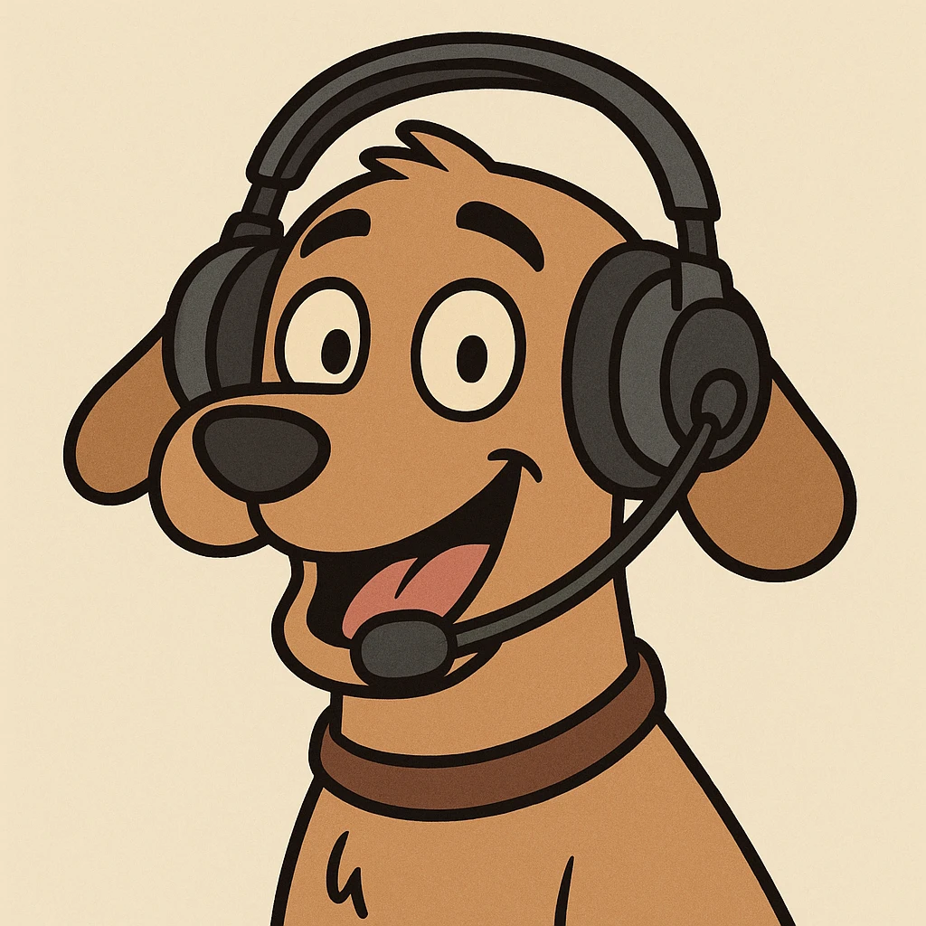 cartoon-style dog wearing a headset, playful and friendly expression, communication or translation theme emoji