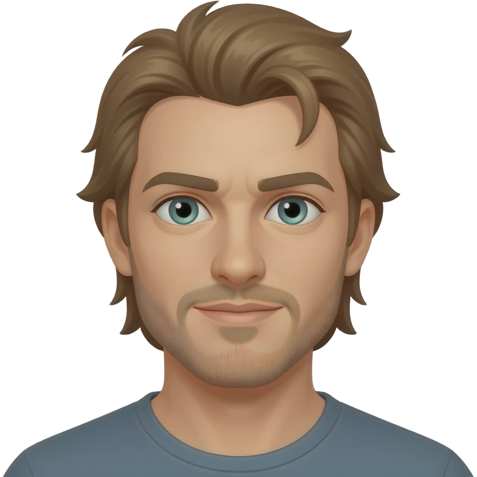 Mullet with side flares, hazel blue green eyes, some grays with mostly hazel hair, 5 o’clock shade beard emoji