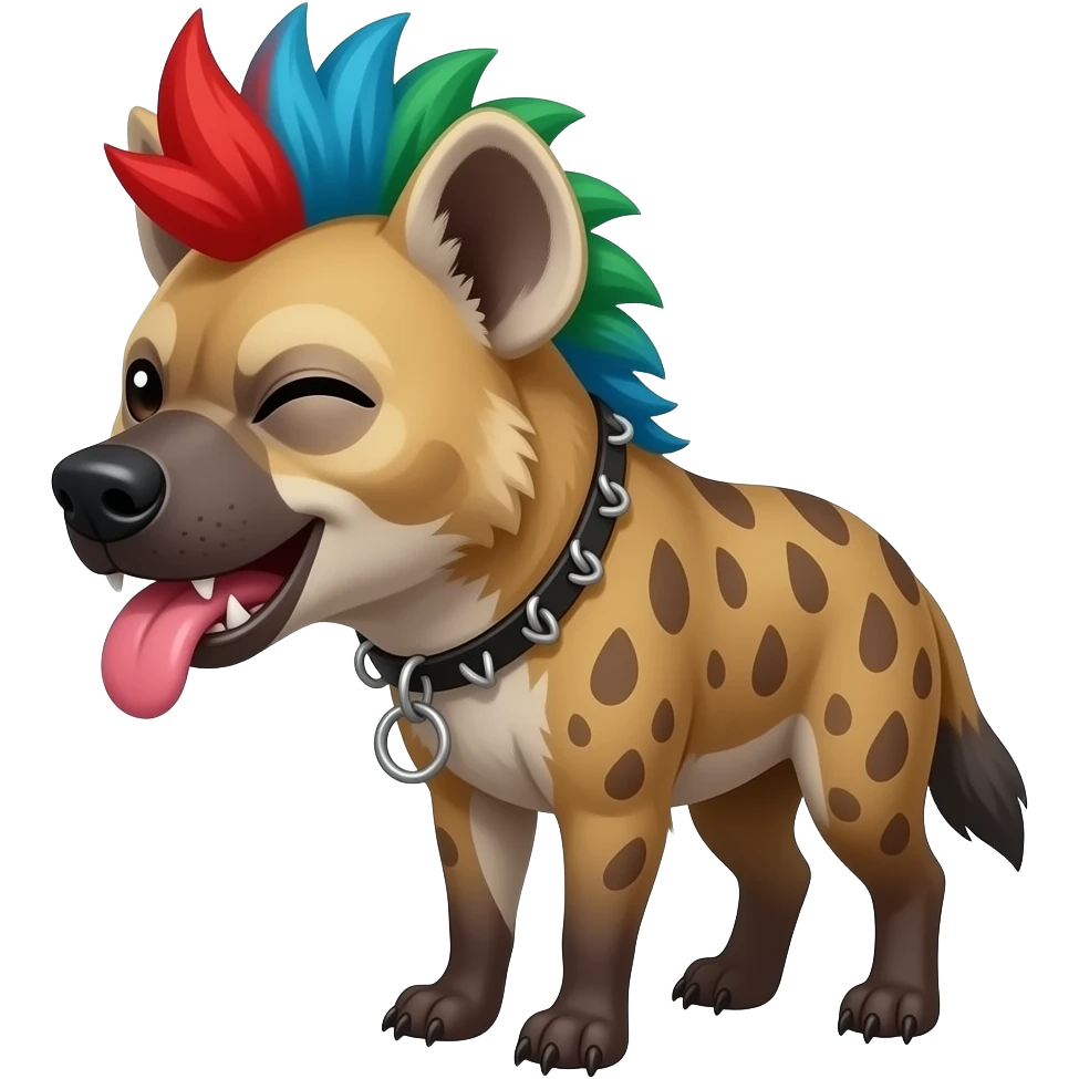 hyène punk cheveux rouge bleu vert qui tire la langue et fait un clin d'oeil emoji