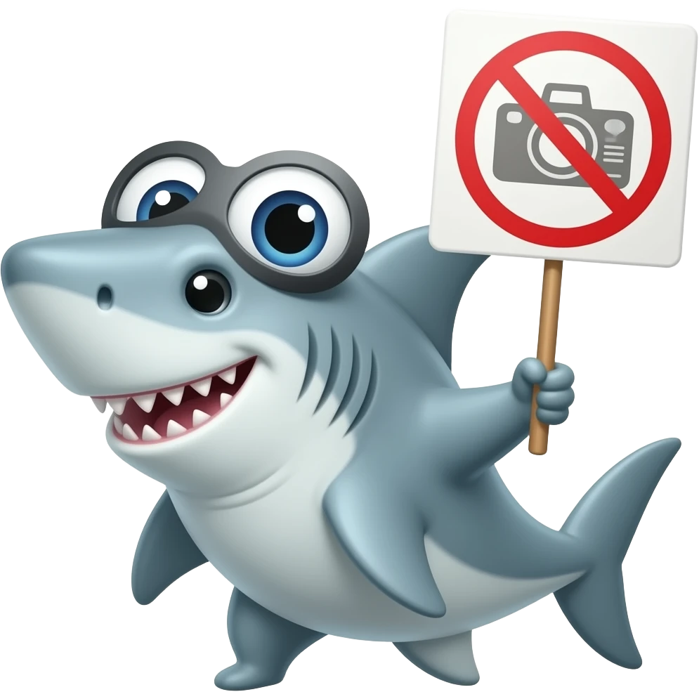 Generame una imagen en la que un tiburón esté con una aleta diciendo no a las cámaras o como que haciendo referencia que no le gustan las cámaras o las fotos emoji