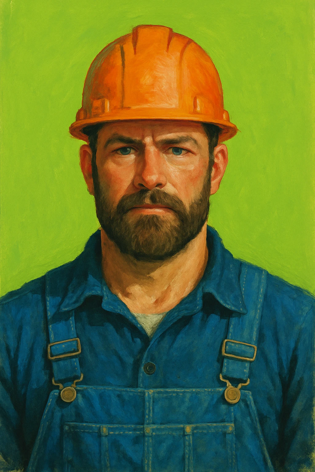 Стиль рисовки - чуть рисованный, насыщенные цвета. Сгенерируй американца-рабочего в каске на однотонном кислотно зелёном фоне. Пусть стоит перпендикулярно камере, смотрит прямо в неё. Ракурс по плечи emoji