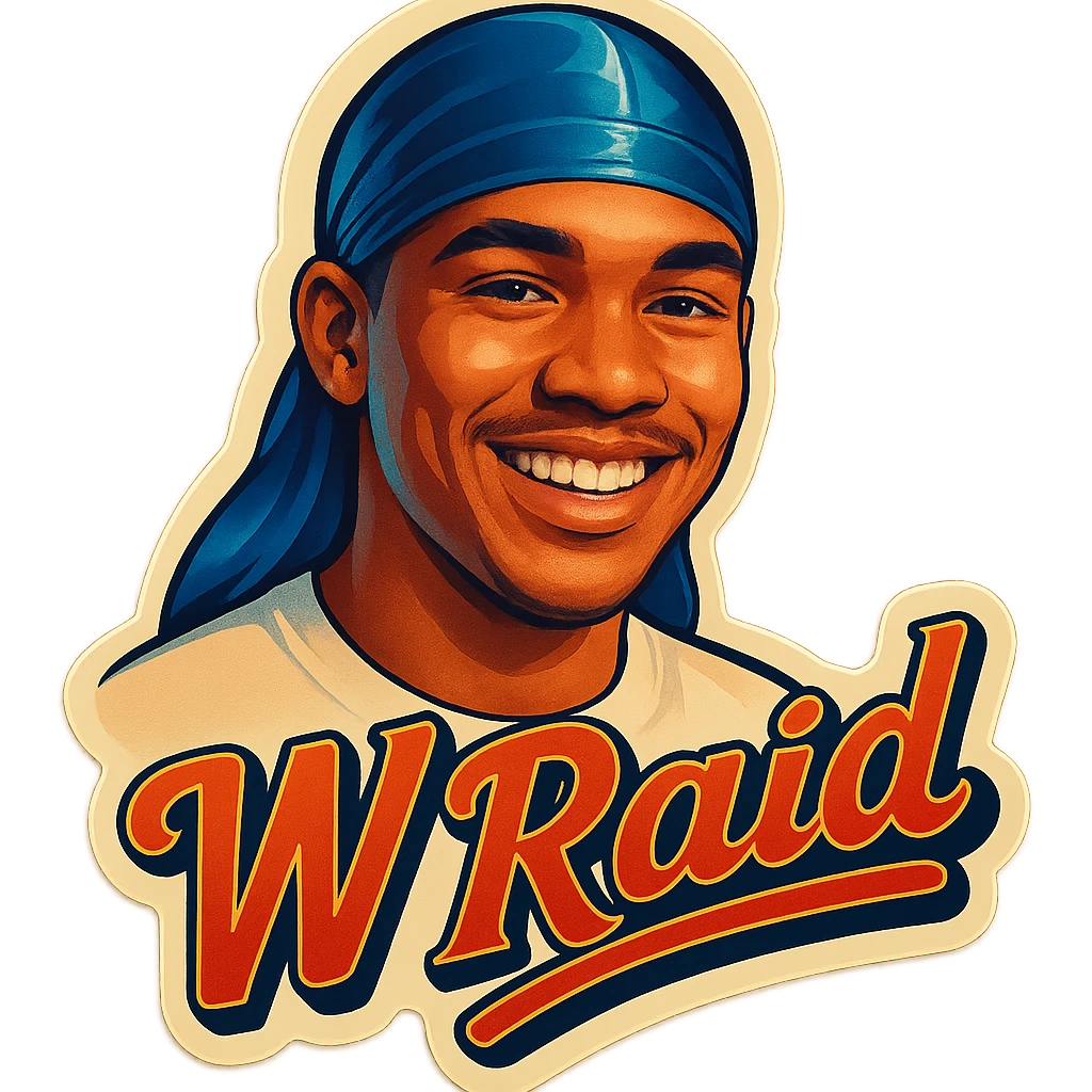 Smiling 
make his shirt white
Change His durag To BLUE
Make it say "  W Raid " emoji