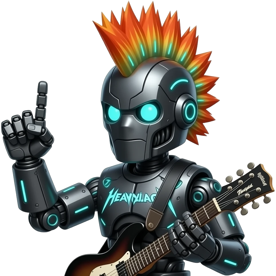 heavy metal rockstar robot, crazy Mohawk, doing rock sign, close up bust size front facing emoji