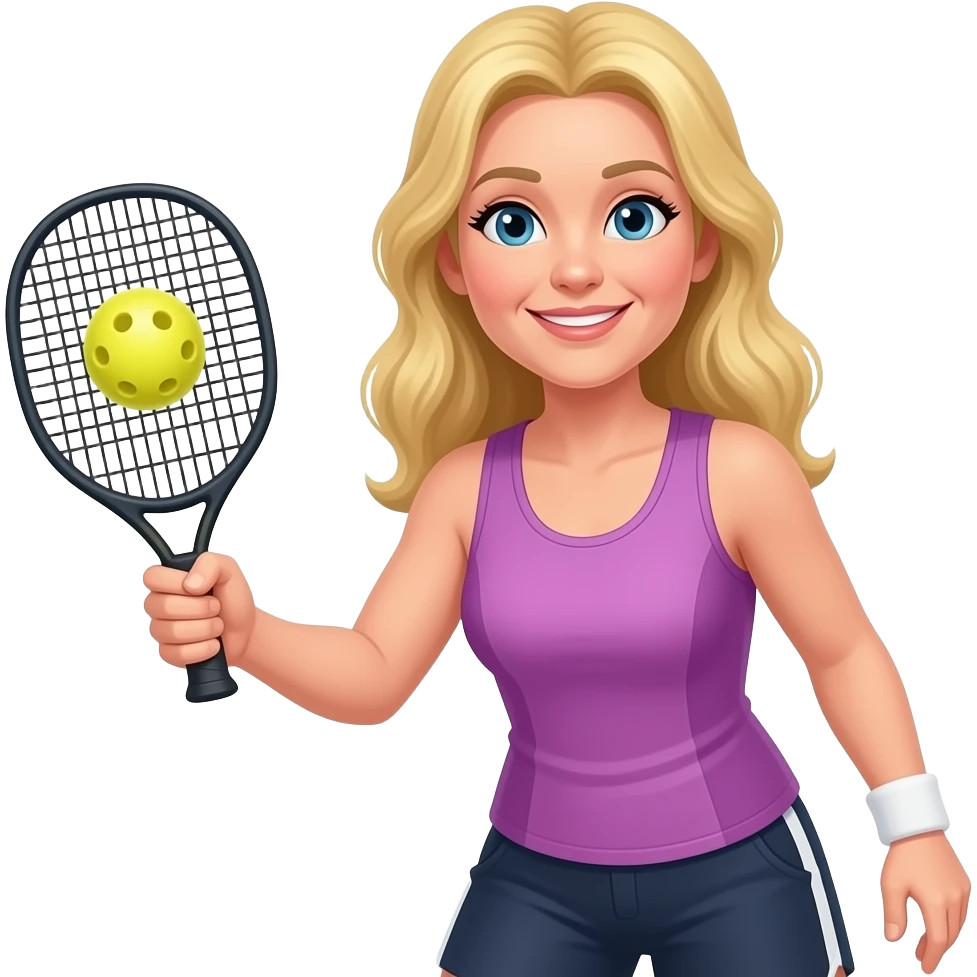 athletic grandma pickle ball player with long blond hair and with pickleball paddle only one pickle ball and pickleball paddle emoji