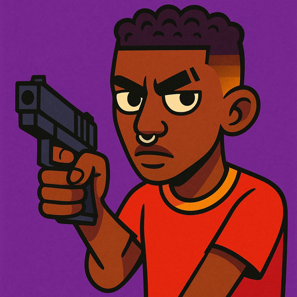 brown-skinned boy with low taper fade, coily hair, septum piercing, two eyebrow slits on left eyebrow, long nose bridge, button nose, holding a gun, serious face, vibrant cartoon style emoji