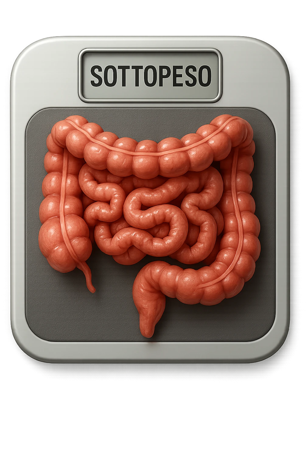 bilancia pesapersone con la scritta "SOTTOPESO" SUL DISPLAY, INTESTINO UMANO SULLA BILANCIA, stile emoji iphone, iperrealistico 4k emoji