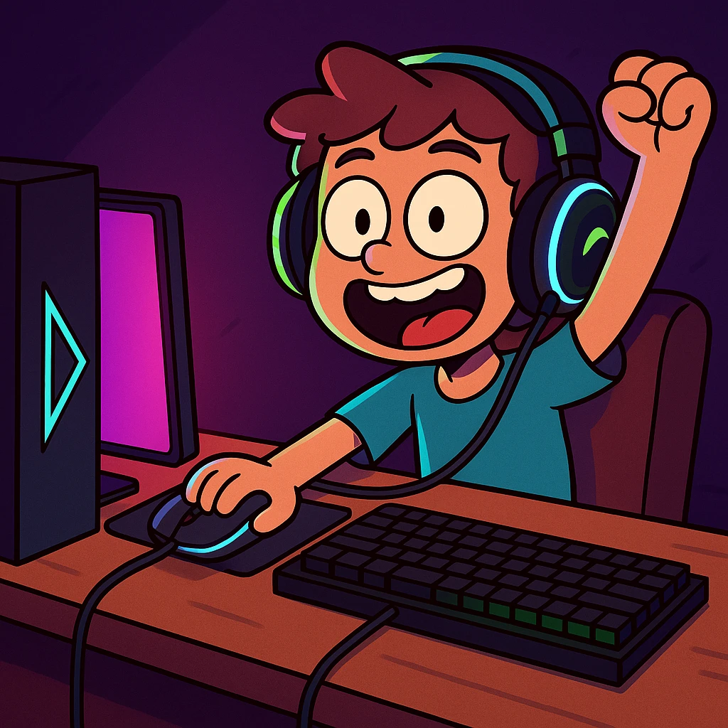 Add headphones and LED lights to the young boy with a gaming setup in a cartoon style that is modern and fun. emoji