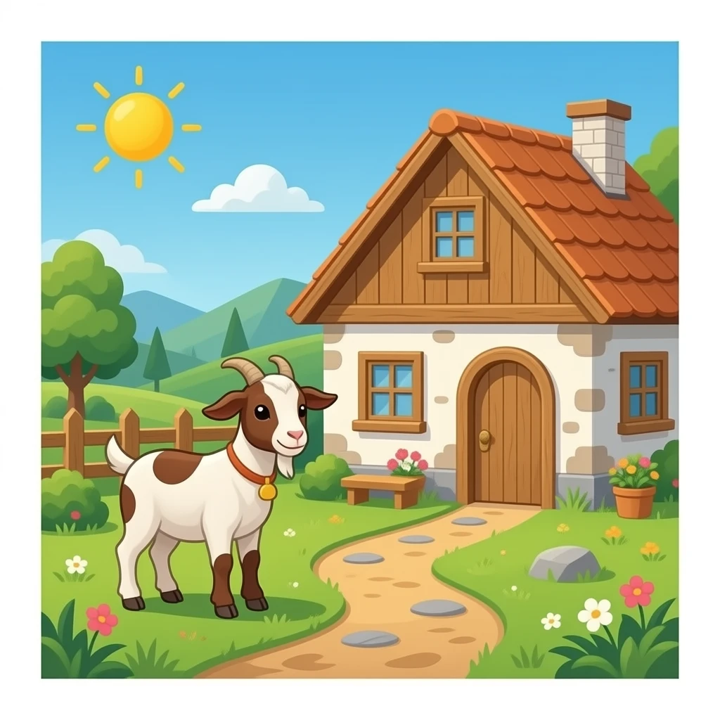 hazme la parte de dentro de una casa, la casa tiene que ser rustica. Pon algunas (2 o 3) cabras pequeñas con manchas marrones DENTRO de la casa. emoji