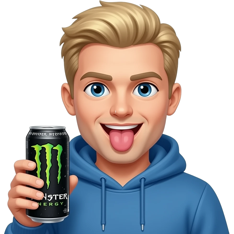Dirty blonde with massive forehead Kyle with a monster energy drink  sticking his tongue out blue hoodie emoji