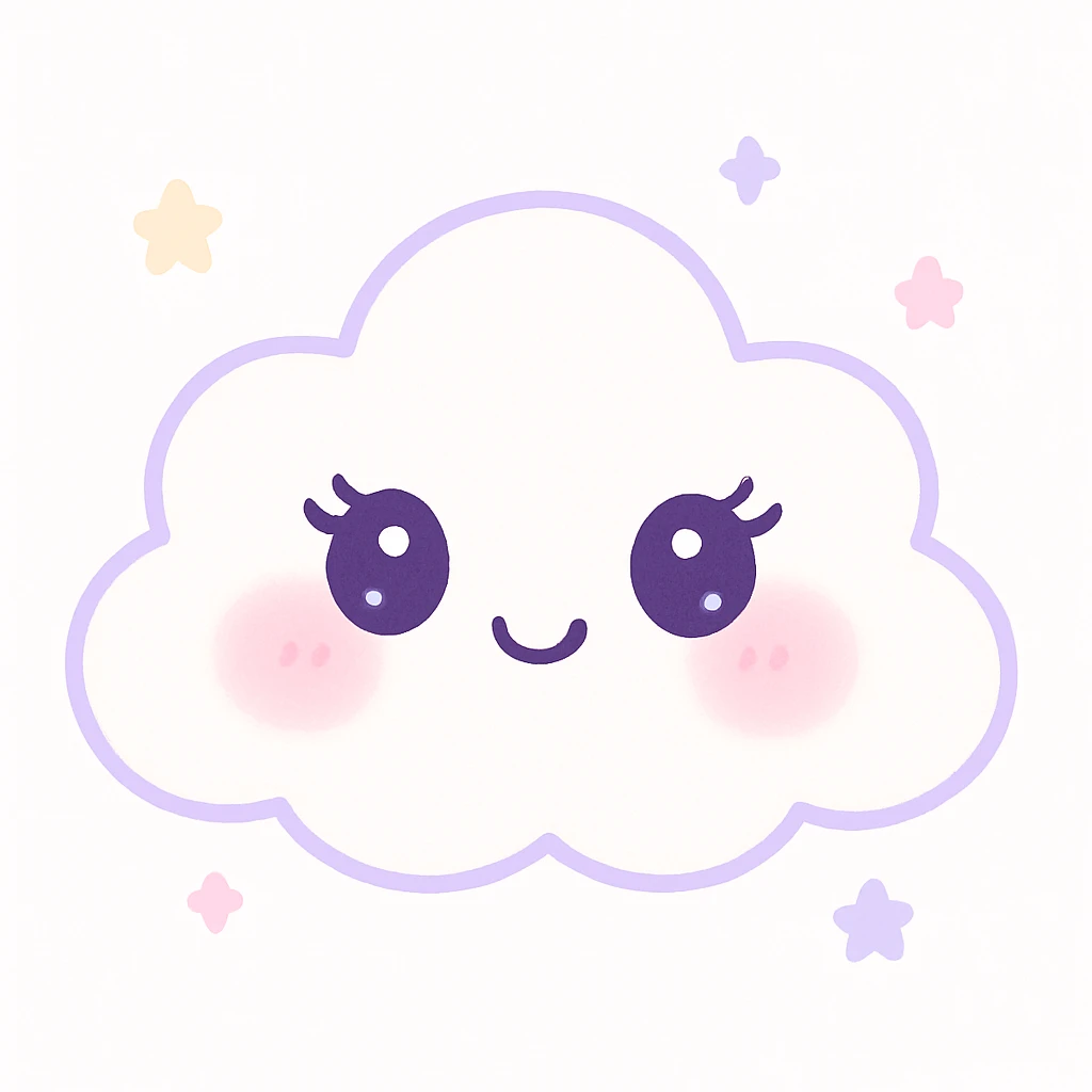 a white cloud with girly features, soft pink blush, long eyelashes, cute smile, playful feminine style, pastel colors emoji