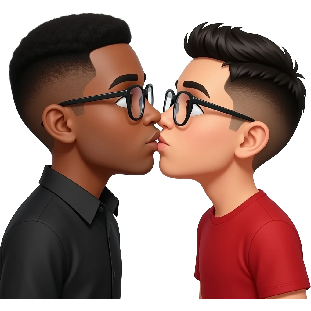 Black boy with black buzz cut hair, glasses, black shirt and Hispanic boy with black buzz cut hair, glasses, red shirt kissing emoji
