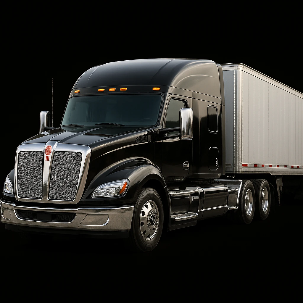 Enhance realism for this 2026 Kenworth T680 Flat Top semi sleeper, with highly accurate details, realistic lighting, and chrome, flat top sleeper cab emphasized, no background. Focus on lifelike reflections, surface textures, and lighting to make the flat top sleeper cab prominent. No background. emoji