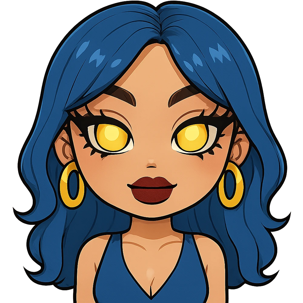Make her look nice and cute, but with slightly scary eyes, keep gyaru style, blue hair, pretty makeup, bratz baddie style, emoji style, with no background. emoji